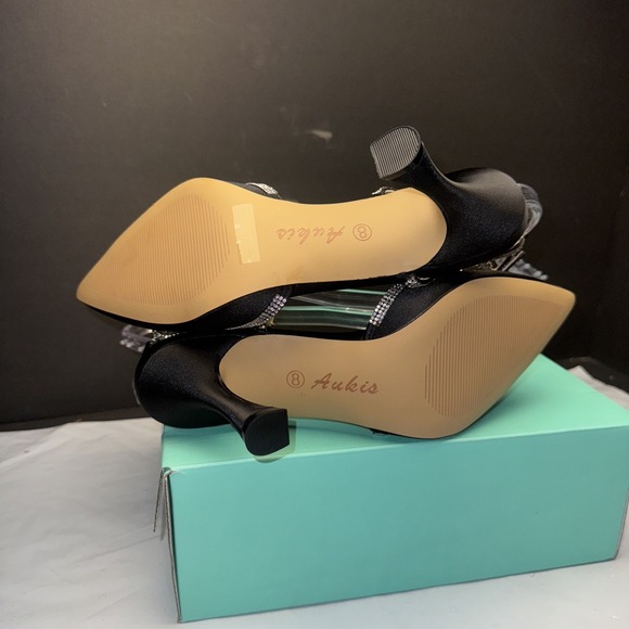 Ankis Women's Rhinestone Bow Heels Closed Toe Pumps Strappy 8 Black Glitter - Picture 5 of 9